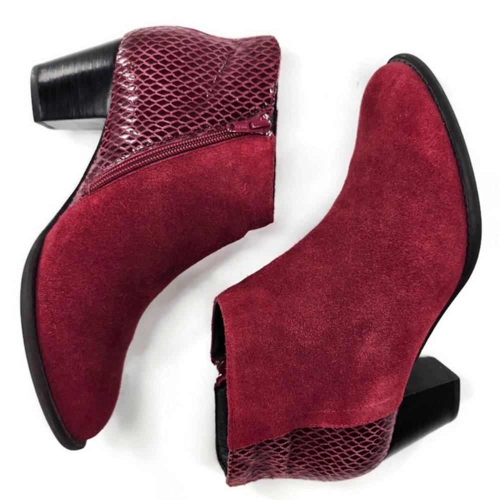 Vionic Bromley Cabernet Red Suede & Textured Snake Print Block Heel Ankle Boots - Picture 9 of 13